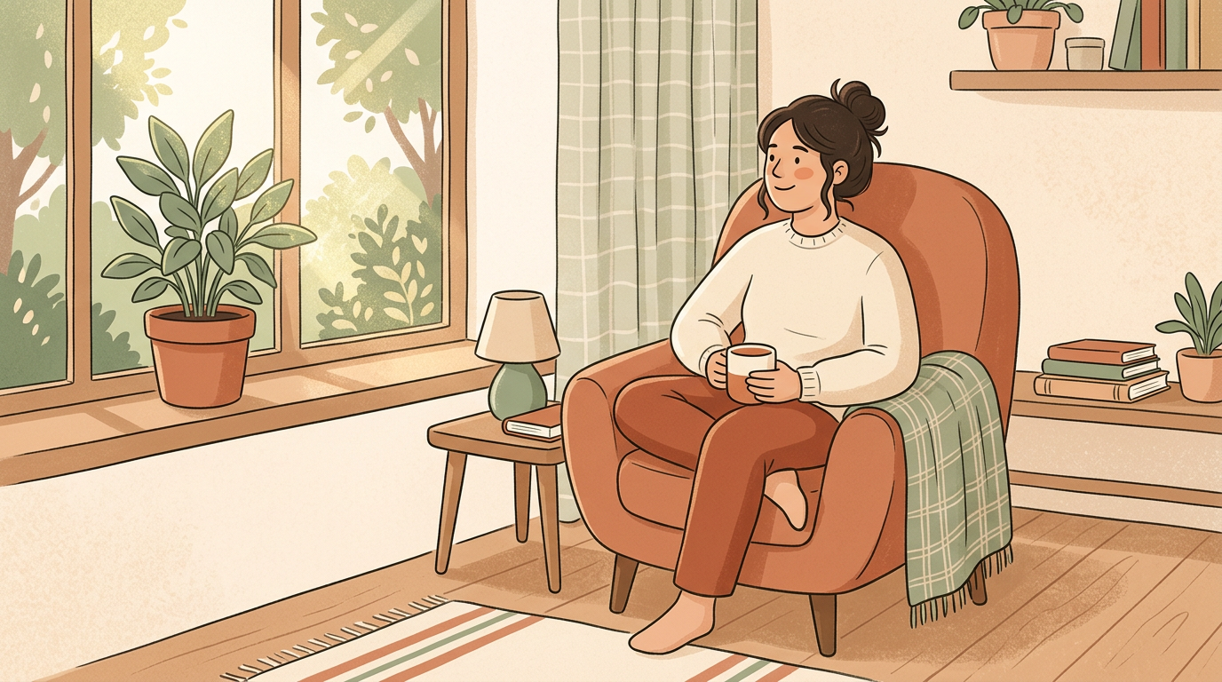 A peaceful illustration of a person sitting by a window with a cup of tea, looking at a growing plant.