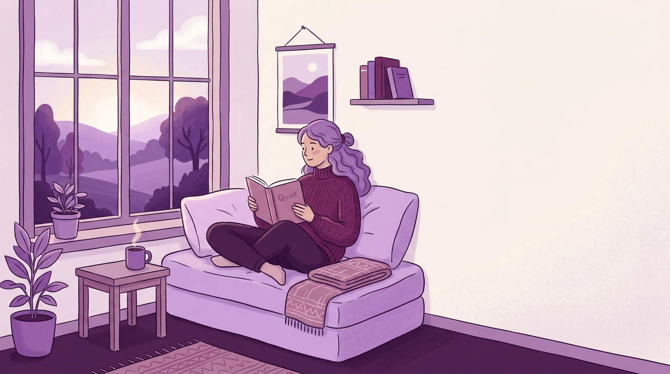 A woman sitting peacefully by a window with a warm mug, looking at a small green plant.